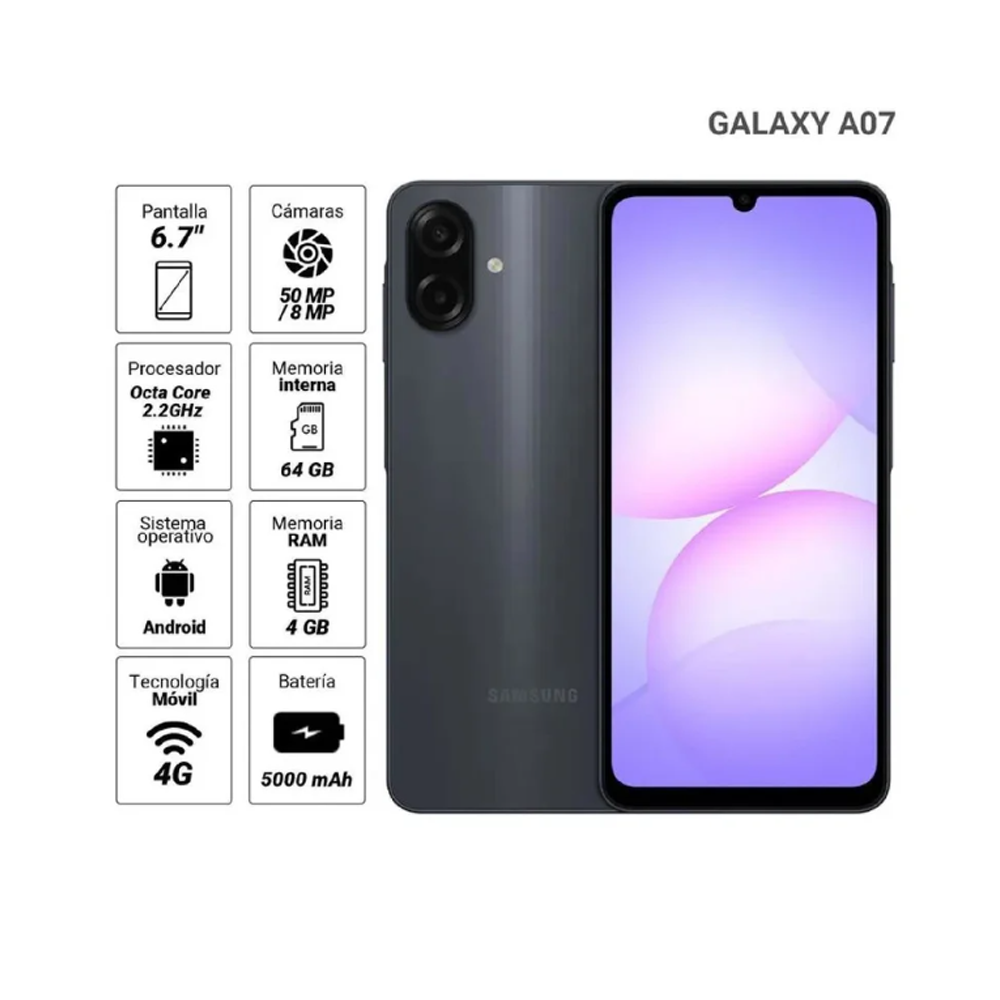 Celular Galaxy A07 Lte 6.7 64gb 4gb Ram - Negro